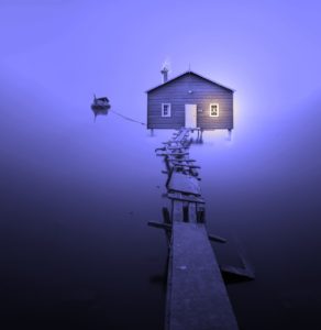 boat house, colourless, foggy